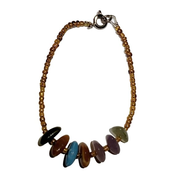 Rainbow Polished Stone Bracelet Vintage 6 inch Girls Gold bead - Picture 1 of 3